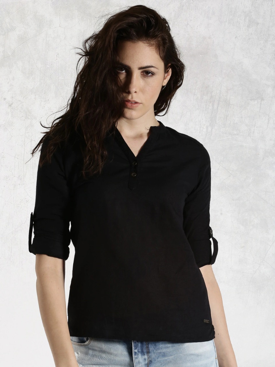 Roadster Pure Cotton Top With Roll-Up Sleeves