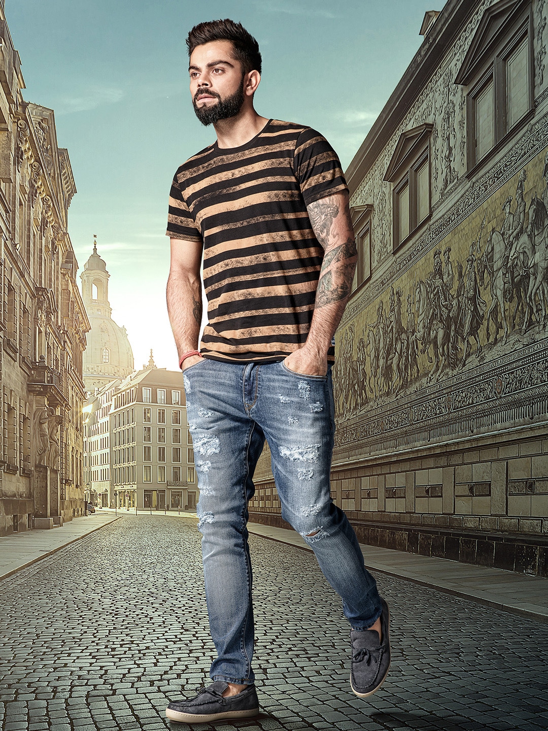 WROGN Men Brown & Black Striped Round Neck T-shirt