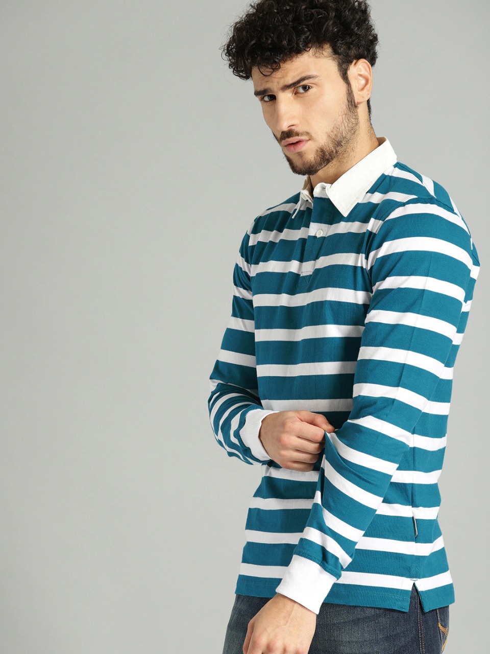 Roadster Men Teal Blue White Striped Polo Collar Pure Cotton T-shirt