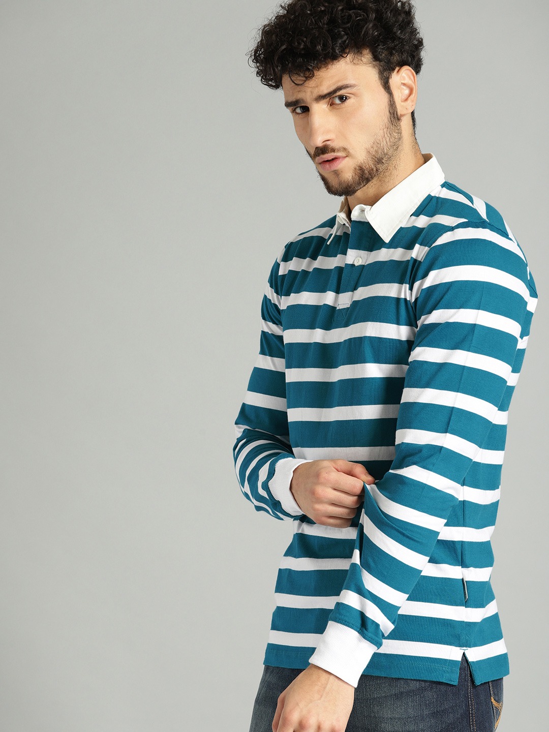 Roadster The Lifestyle Co Men Striped Polo Collar Pure Cotton T-shirt