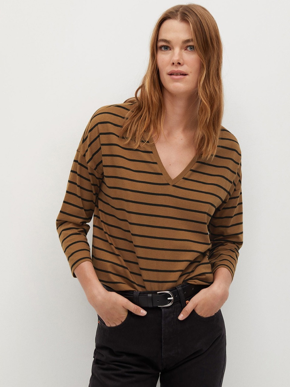 MANGO Women Striped V-Neck Sustainable Organic Cotton T-shirt