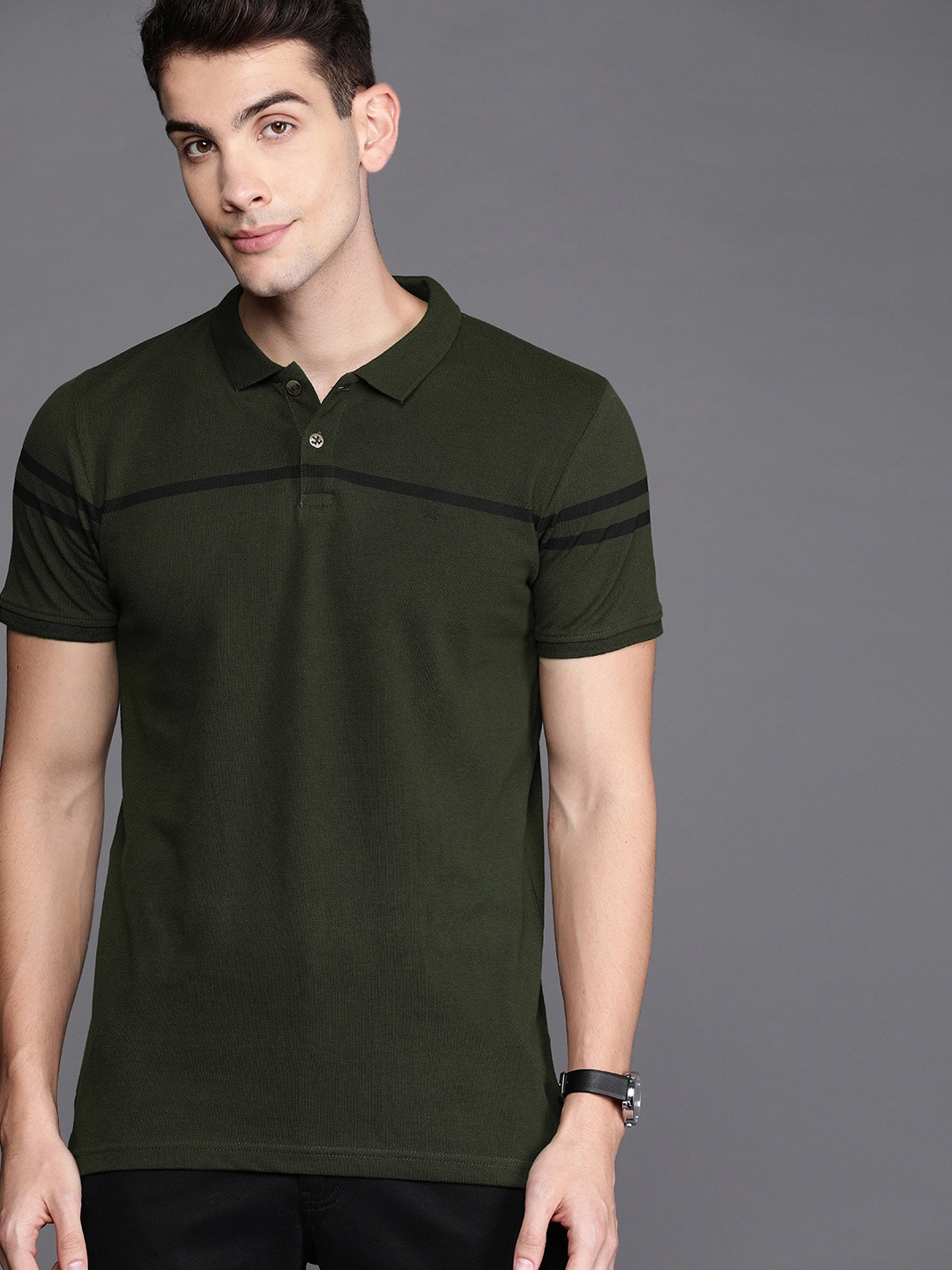 WROGN Men Pure Cotton Slim Fit Solid Polo Collar T-shirt with Striped Detail