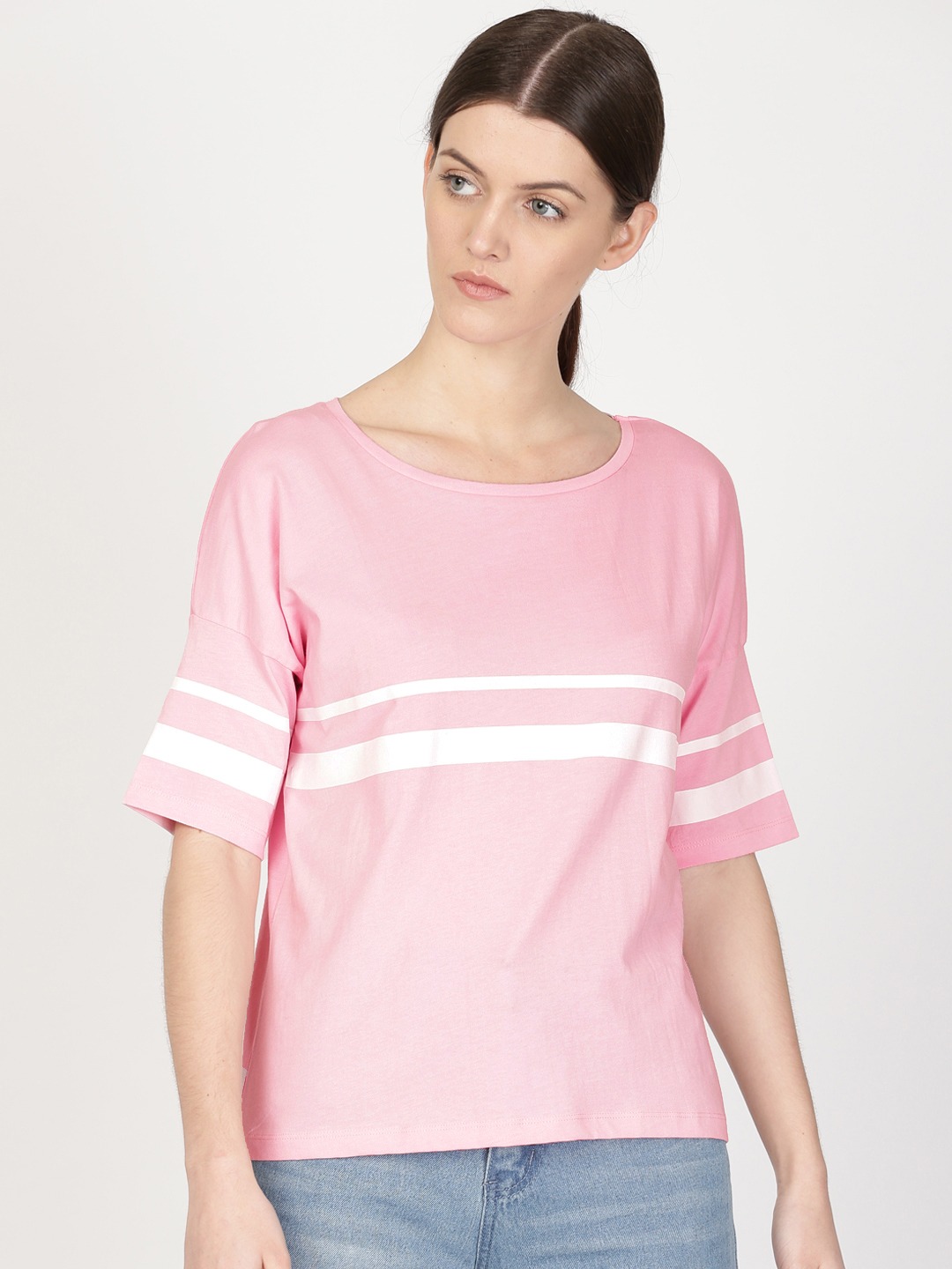 ether Women Striped Dropped Shoulder Round Neck T-shirt