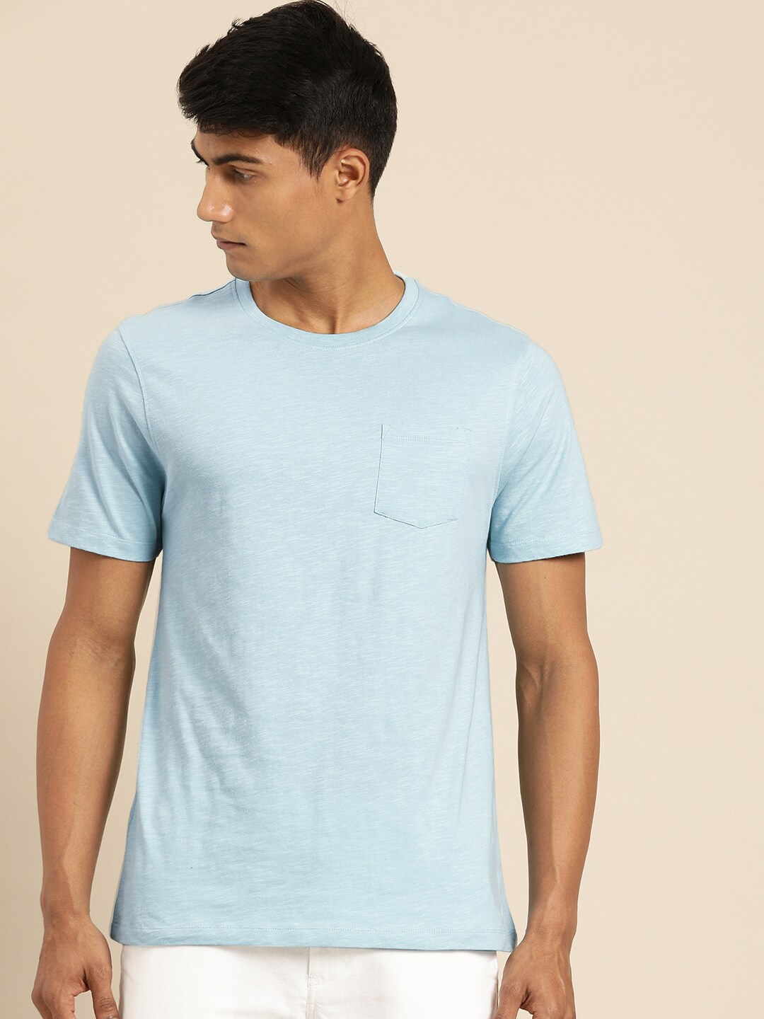 ether Men Blue Solid Round Neck T-shirt