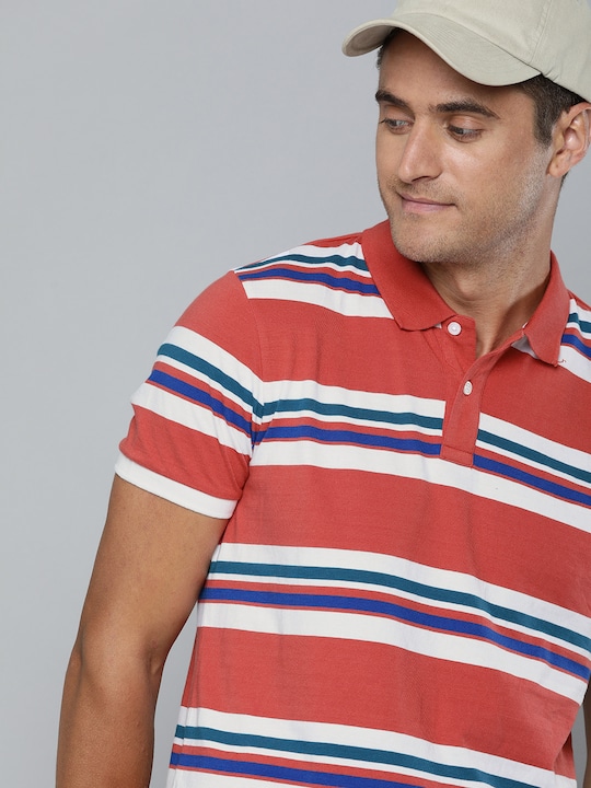 Mast & Harbour Men Striped Polo Collar Pure Cotton T-shirt