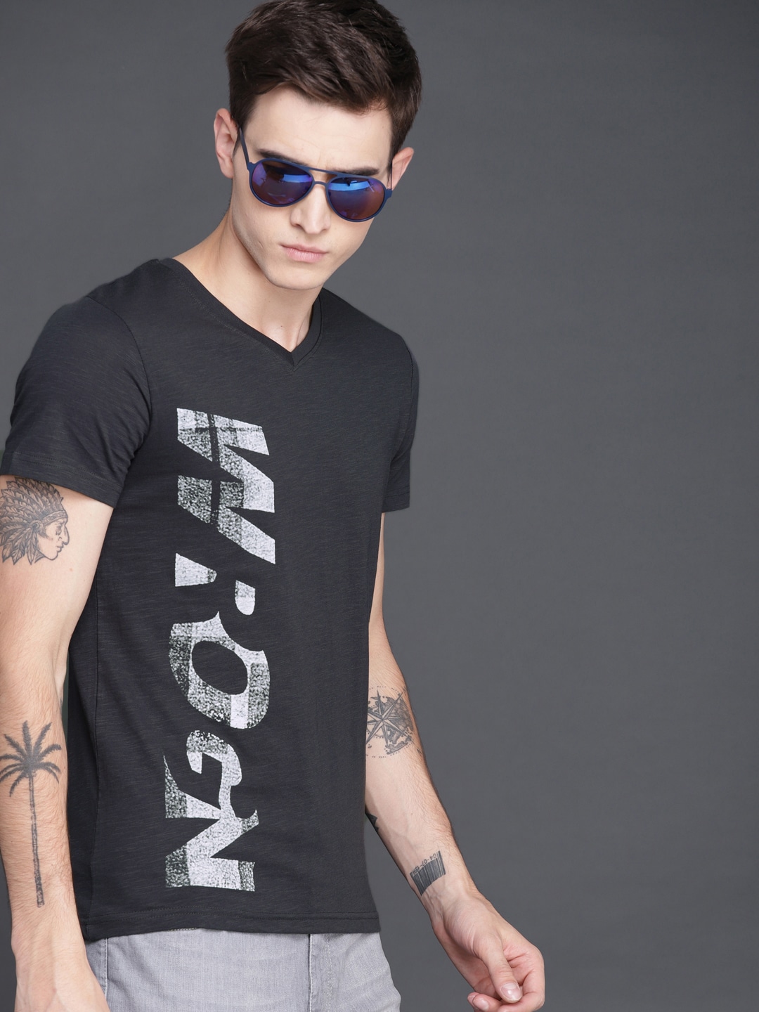 WROGN Men Printed V-Neck Slim Fit Pure Cotton T-shirt