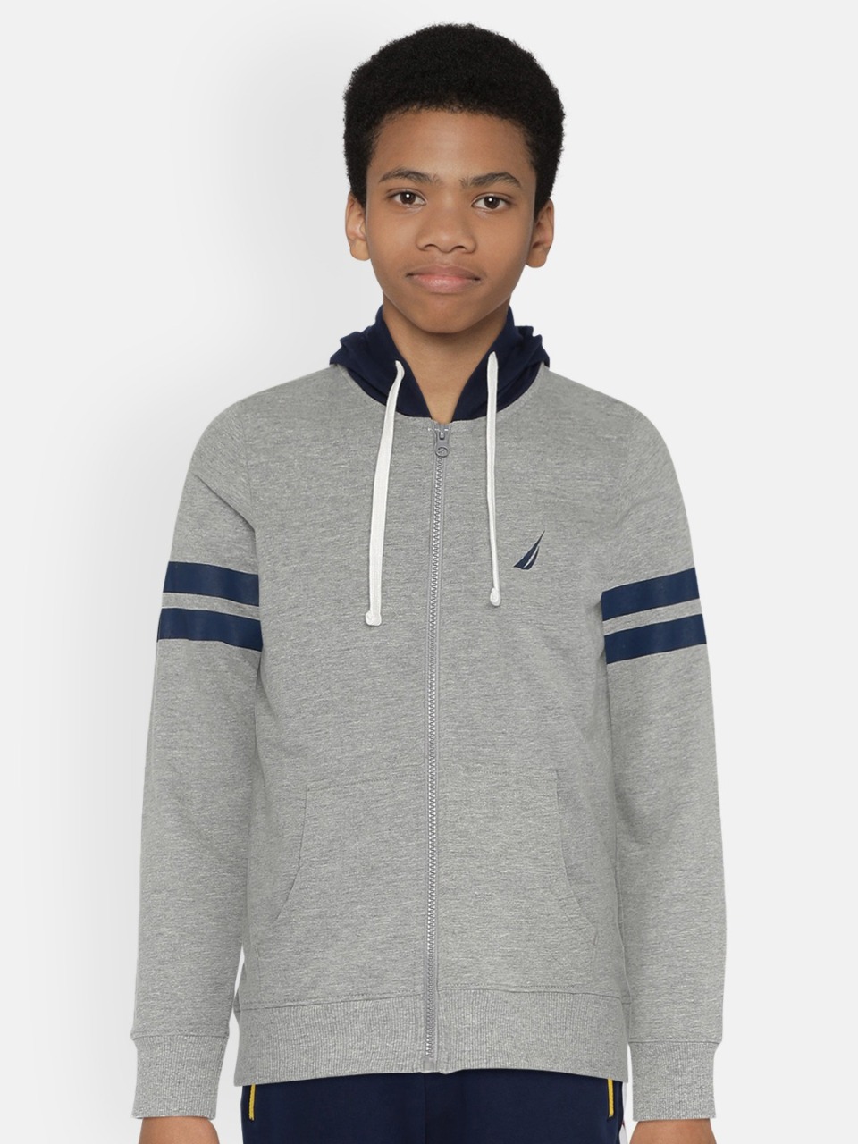 Nautica Boys Grey Melange Solid Hooded Sweatshirt