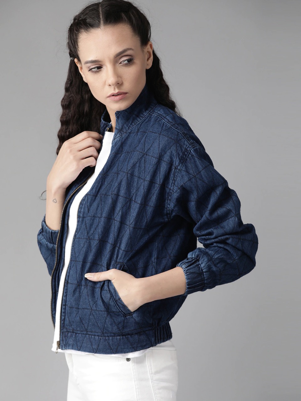 Roadster Women Self Design Denim Bomber Jacket