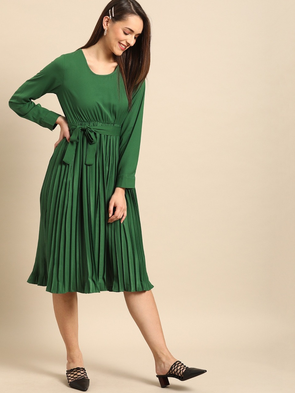 DressBerry Women Solid Accordian Pleated Green Fit and Flare Dress