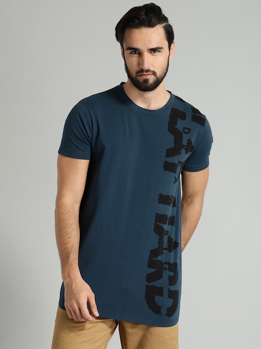 Roadster Men Blue Typography Printed Cotton Longline T-shirt