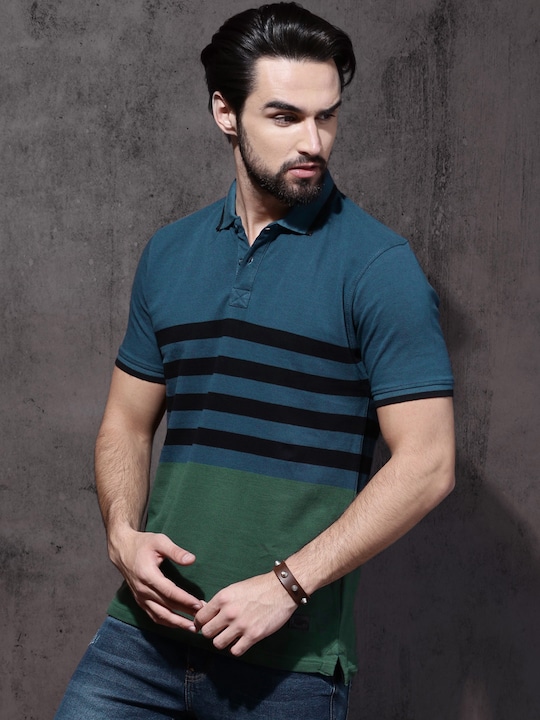 Roadster Men Striped Polo Collar Pure Cotton T-shirt