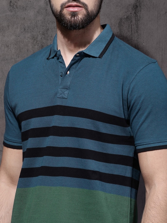 Roadster Men Striped Polo Collar Pure Cotton T-shirt