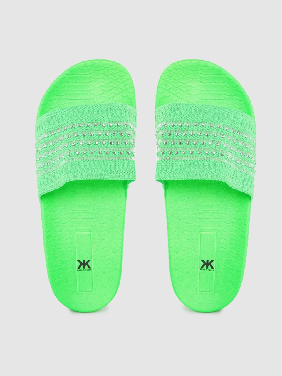 Kook N Keech Women Fluorescent Striped & Embellished Sliders