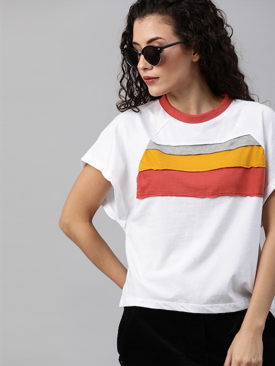 Roadster The Lifestyle Co Women White Striped Round Neck T-shirt