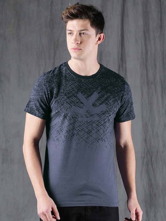 WROGN Men Blue Printed Cotton Pure Cotton T-shirt