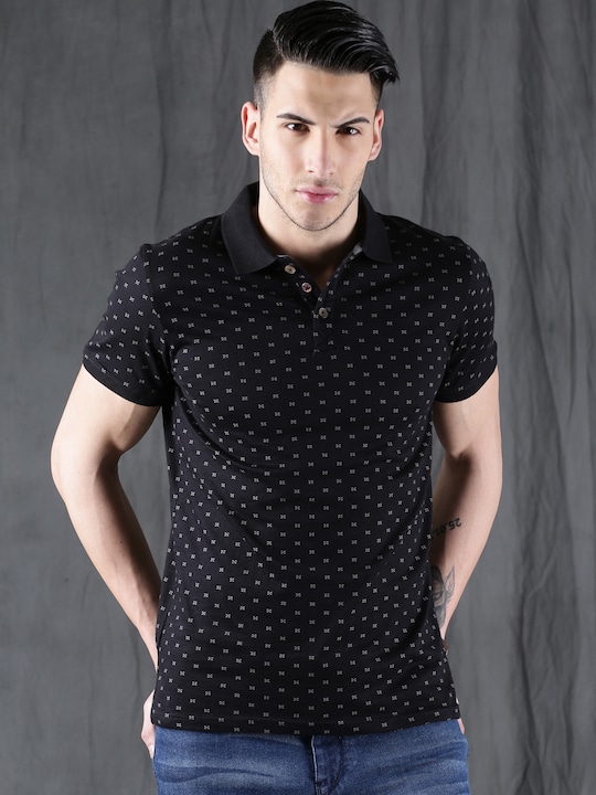 WROGN Men Black Printed Polo Collar T-shirt