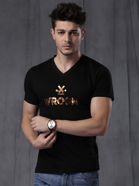 WROGN Black Printed Slim Fit Pure Cotton T-shirt