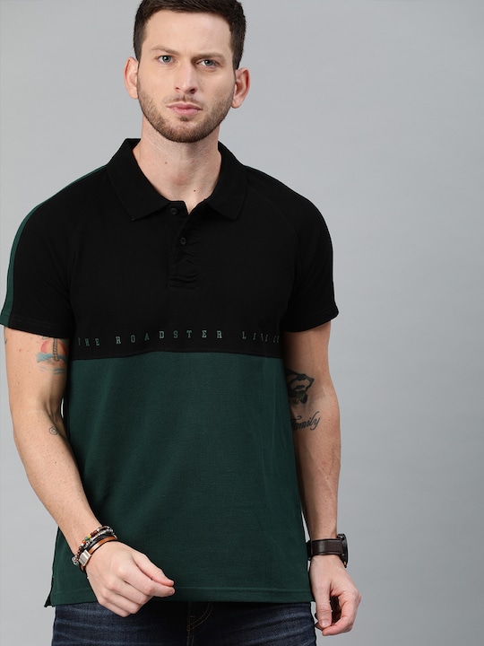 Roadster Men Green Black Colourblocked Polo Collar Pure Cotton T-shirt