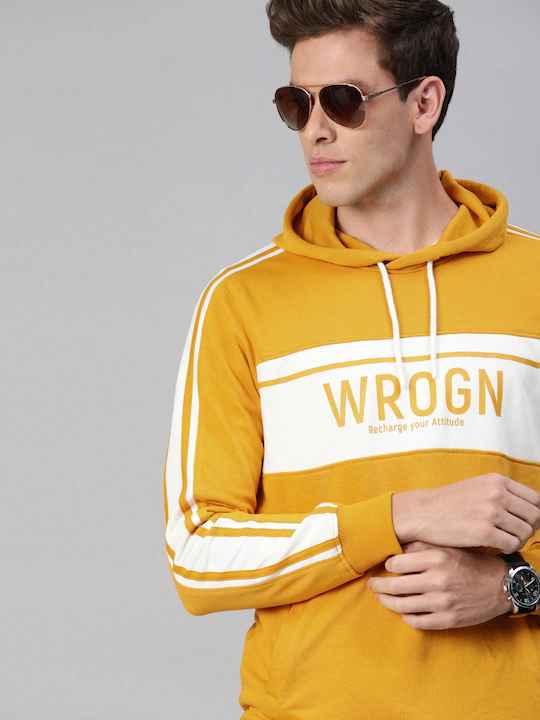 WROGN Men Mustard Slim Fit Printed Hooded Sweatshirt