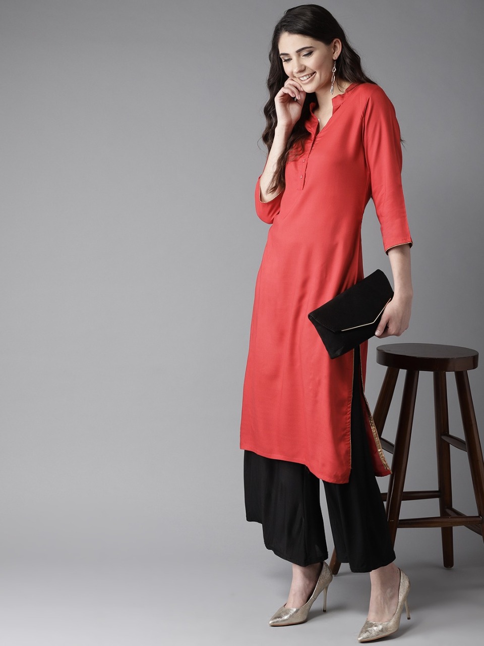 HERE&NOW Women Red Solid Straight Kurta