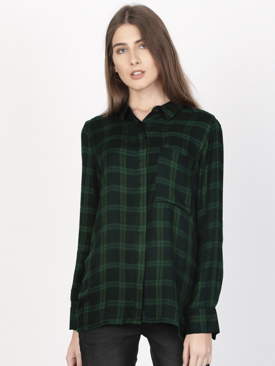 ether Women Blue & Green Regular Fit Checked Casual Shirt