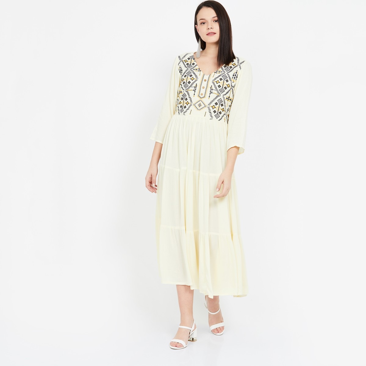 IMARA Embroidered Tiered Midi Dress