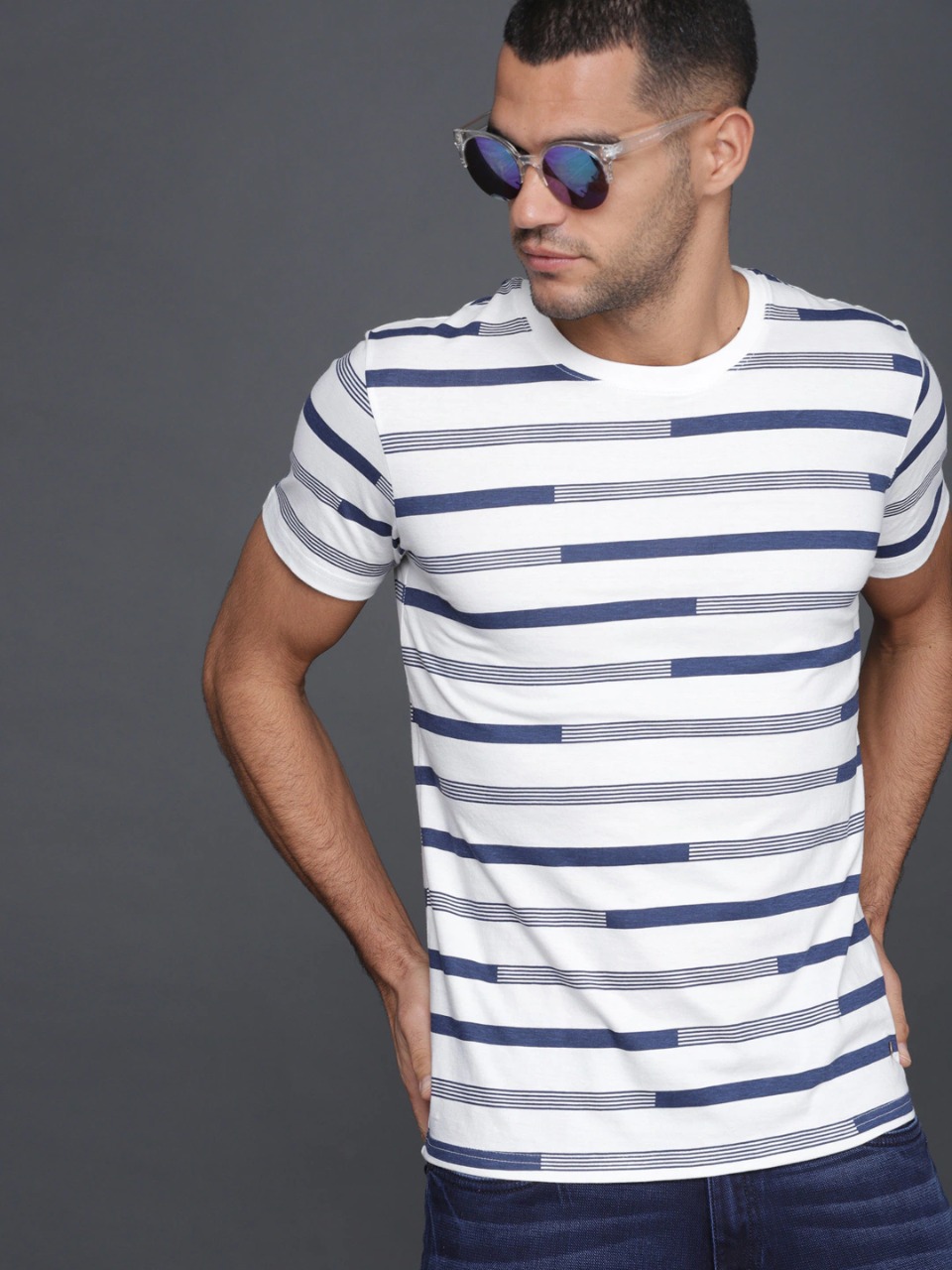 WROGN Men Striped Polo Collar Pure Cotton T-shirt