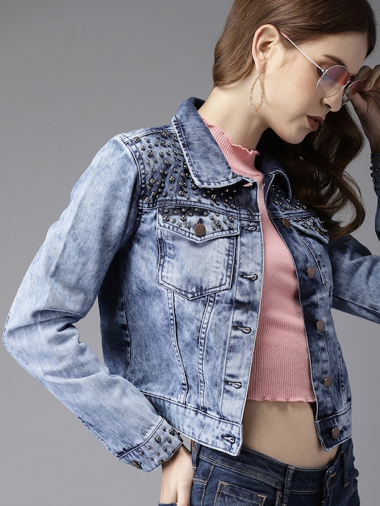 HERE&NOW Women Washed Studded Cropped Denim Jacket