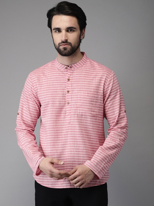 Anouk Men Pink Striped Straight Kurta