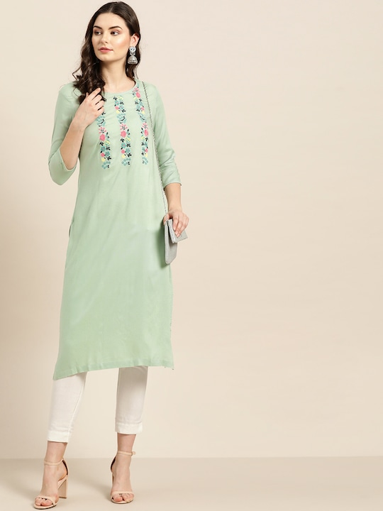 Moda Rapido Women Floral Embroidered Yoke Design Viscose Rayon Straight Kurta