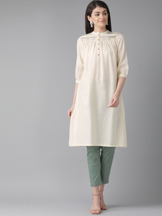 W Women Cream-Coloured Solid A-Line Kurta