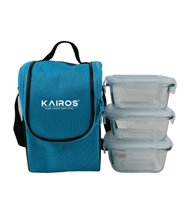 Kairos Microwave Safe Glass Lunch Box With Bag With 3 Containers (Any Color)