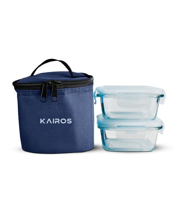 Kairos Microwave Safe Glass Lunch Box With Bag With 2 Containers (Any color)