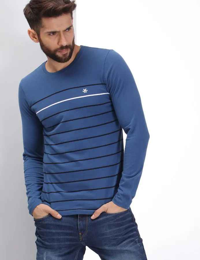 Wrogn Men Blue Solid T Shirt