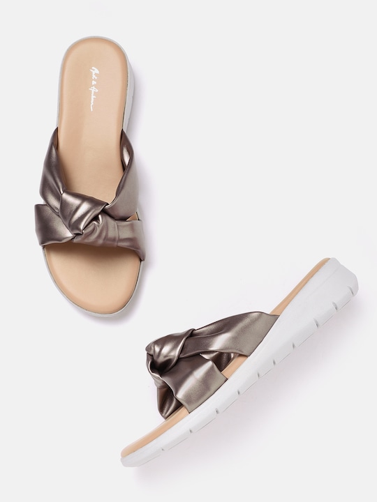 Mast & Harbour Women Gunmetal-Toned Solid Open Toe Flats