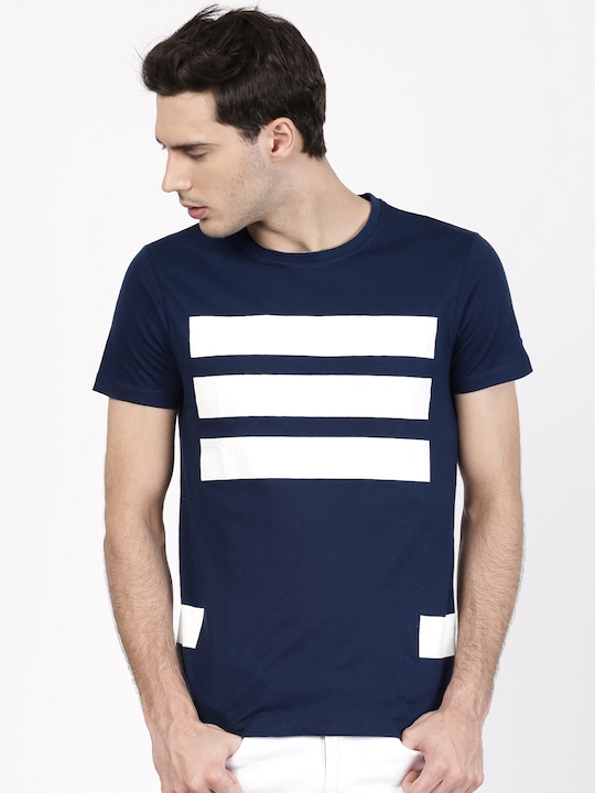 ether Men Lightweight Stripe Print Round Neck Pure Cotton T-shirt