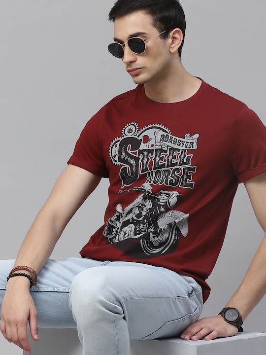 Roadster Men Biker Print Pure Cotton T-shirt