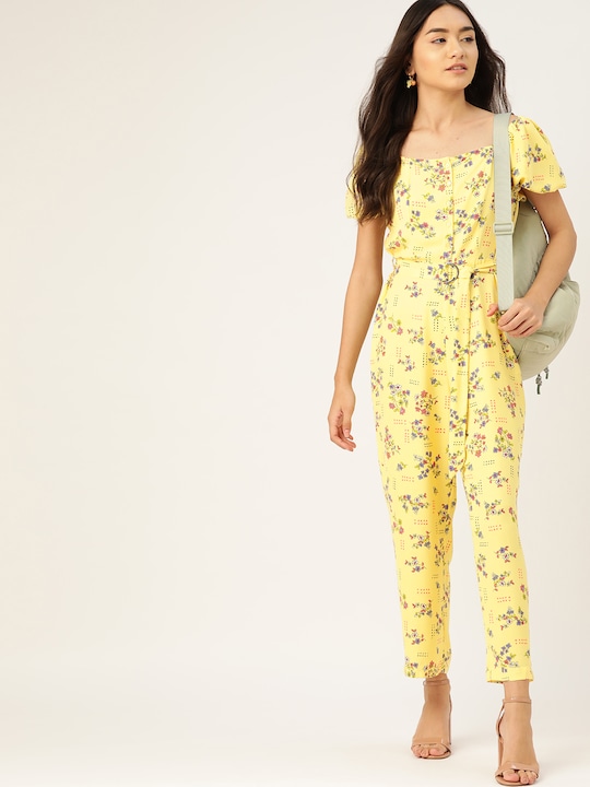 DressBerry Yellow & Pink Floral Printed Basic Jumpsuit