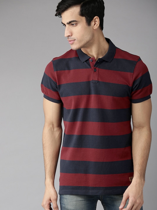 Roadster Men Striped Polo Collar T-shirt