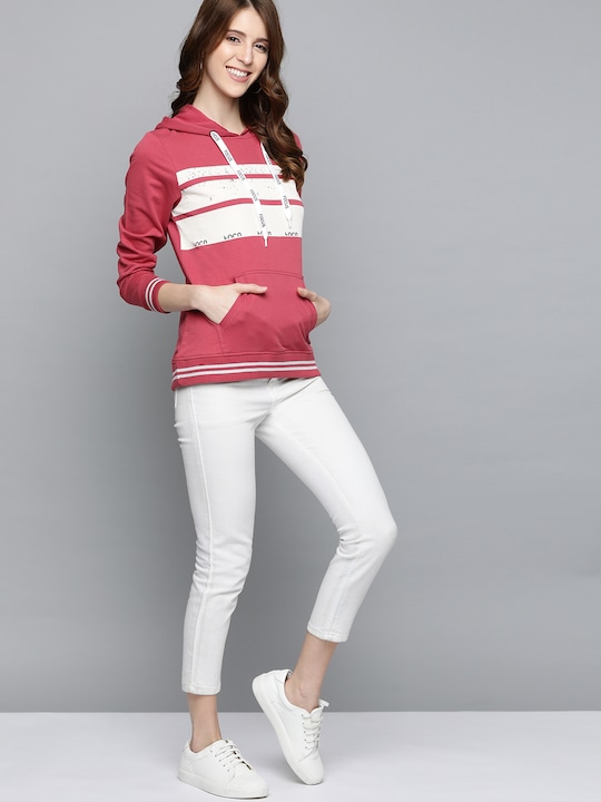 HERE&NOW Women Pure Cotton Striped Hooded Sweatshirt