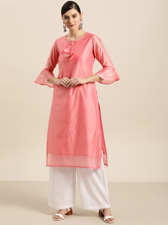 Sangria Women Neck Bell Sleeves Solid Kurta