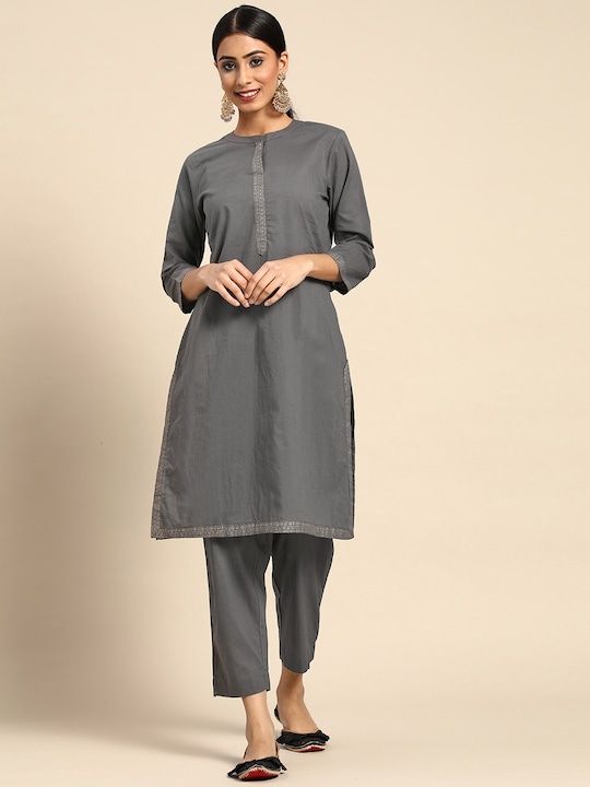 Sangria Women Solid Kurta with Cropped Trousers