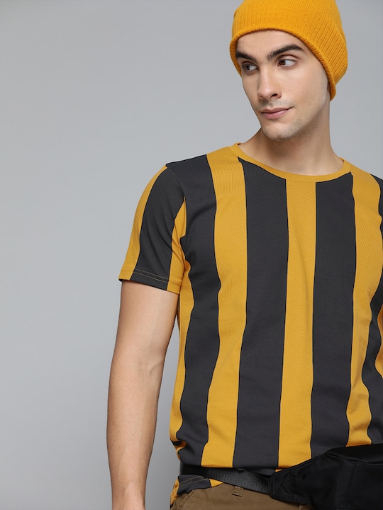 HERENOW Men Striped Round Neck Pure Cotton T-shirt