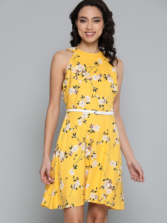 Mast & Harbour Women Printed Fit and Flare Dress with Belt