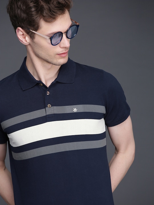 WROGN Men Striped Slim Fit Polo Collar Pure Cotton T-shirt