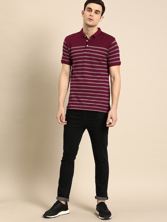 ether Men Striped Polo Collar Pure Cotton T-shirt