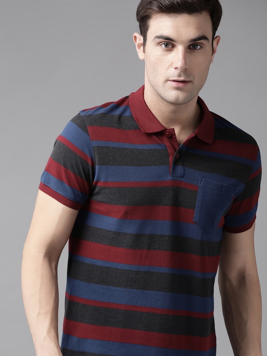 Roadster Men Striped Polo Collar Pure Cotton T-shirt