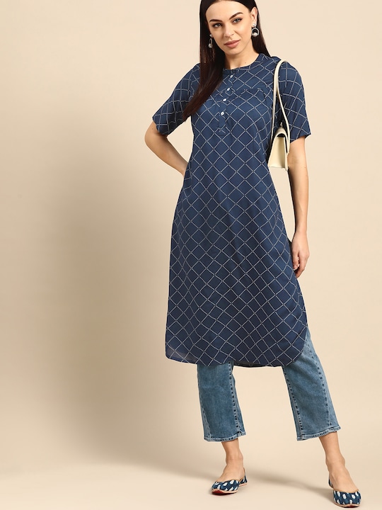  Anouk Navy Pure Cotton Checked Straight Kurta