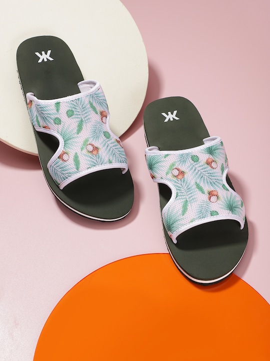 Kook N Keech Men Printed Sliders Tropical Print Sliders with Cut Out Detail