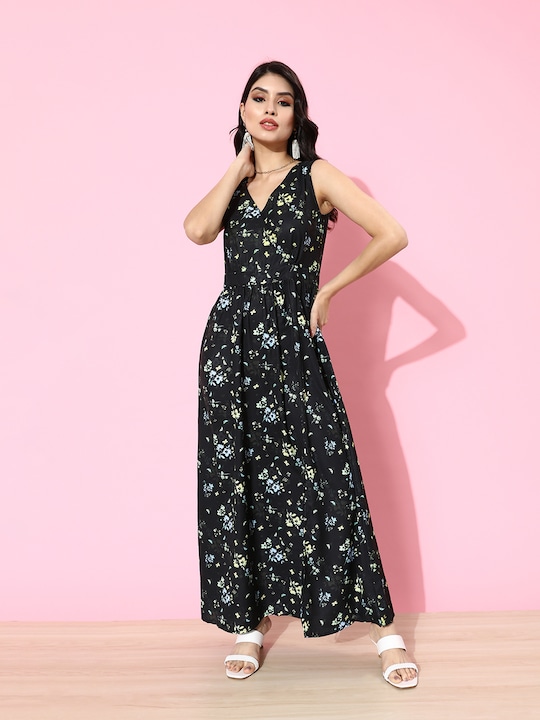 DressBerry Floral Print Front Slit Wrap Maxi Dress